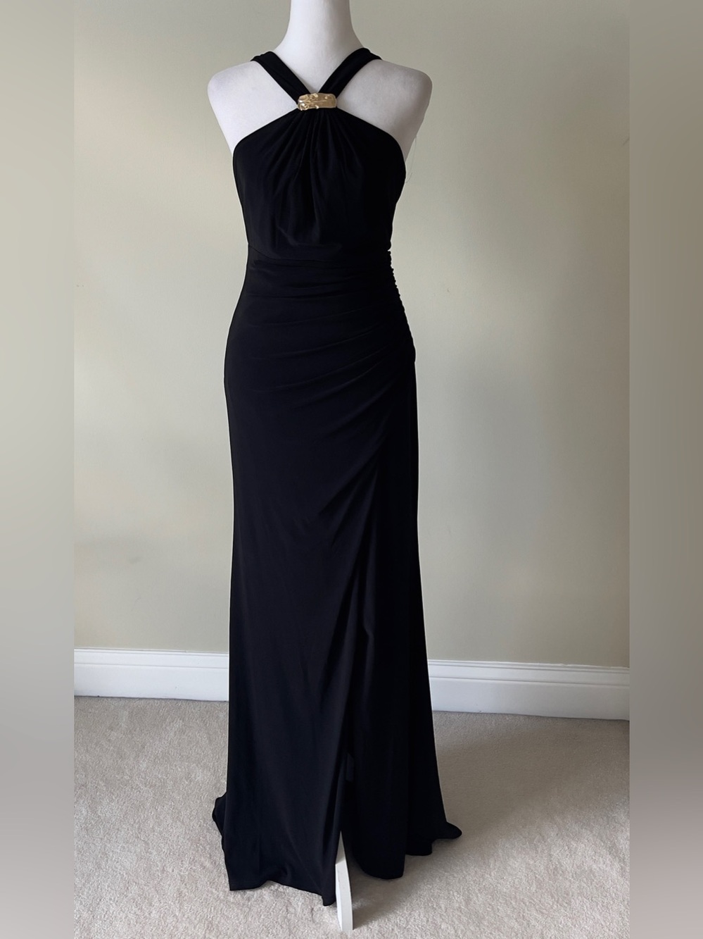 Eliza J Halter Neck Ruched Mermaid Black Evening Gown with Side Slit NWOT 10 - Picture 5 of 10
